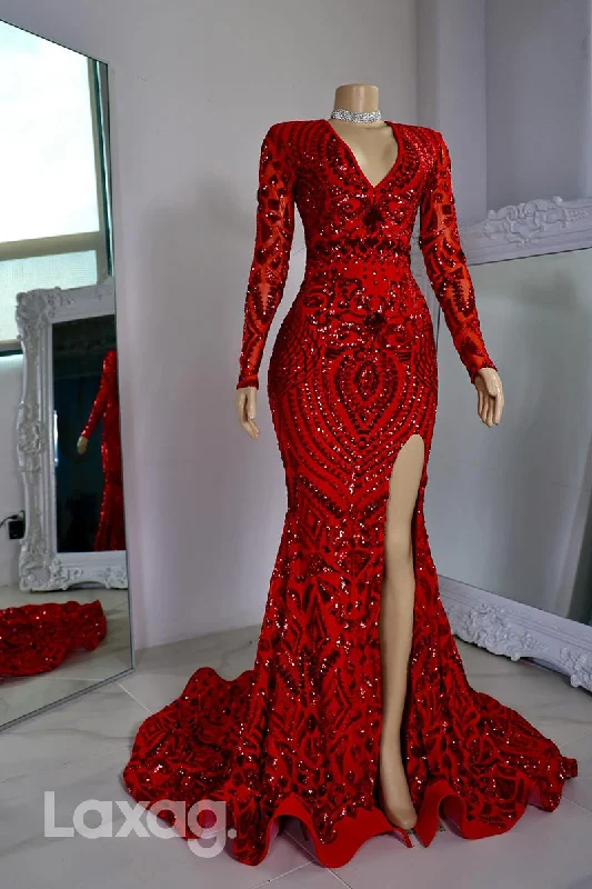 Holiday Sale 22392 - V-Neck Long Sleeves Fully Sequins High Slit Mermaid Prom Dresses for Black Girl Slay