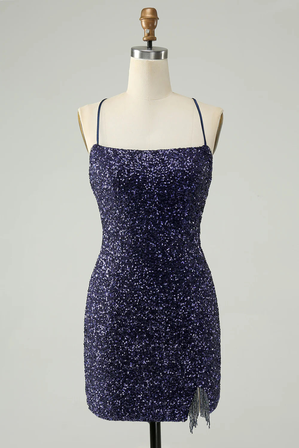 Pastel Styles Amzcw Sparkly Navy Bodycon Spaghetti Straps Backless Short Homecoming Dress with Sequins