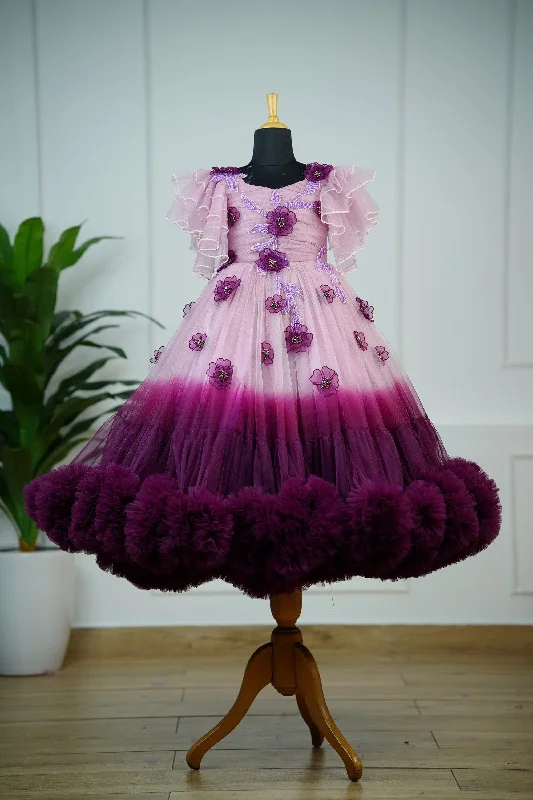 Grab Romantic Date - Night Styles Now Pre-Order: Plum purple and onion pink colour gradient heavy frill gown with hand crafted embellishments and layered sleeves