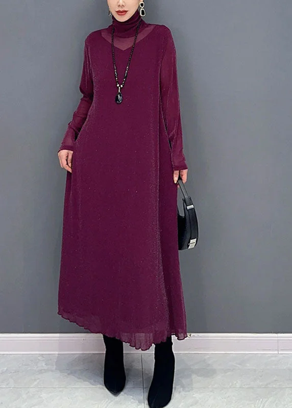 Wardrobe Refresh Style Rose Turtleneck Patchwork Tulle Long Dress Long Sleeve