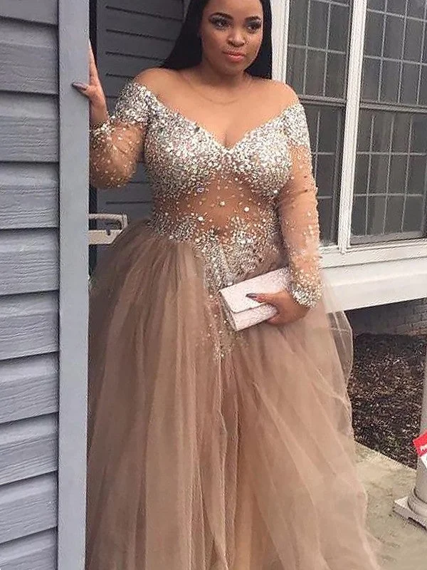 Spring Fashion Ball Gown Off-the-Shoulder Long Sleeves Sequin Tulle Floor-Length prom Dresses    cg22807