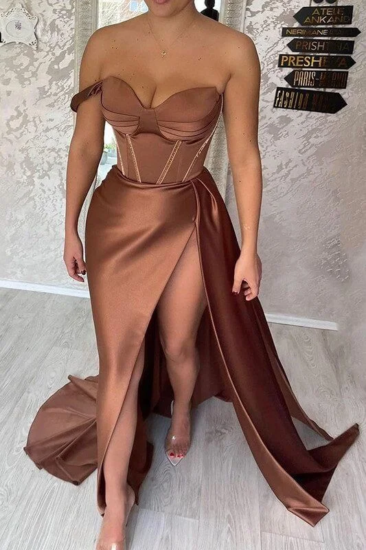 Best-Sellers Chocolate Sweetheart Formal Evening Gowns Sexy Corset Prom Dresses,Side Split Satin Party Dress Y54