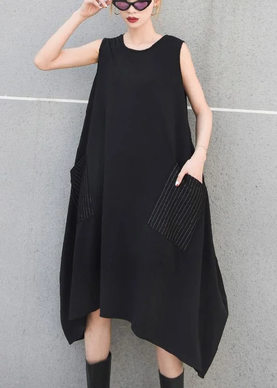 Early Access To Art Deco Styles Sale Beautiful black striped pockets cotton clothes sleeveless Maxi summer Dresses