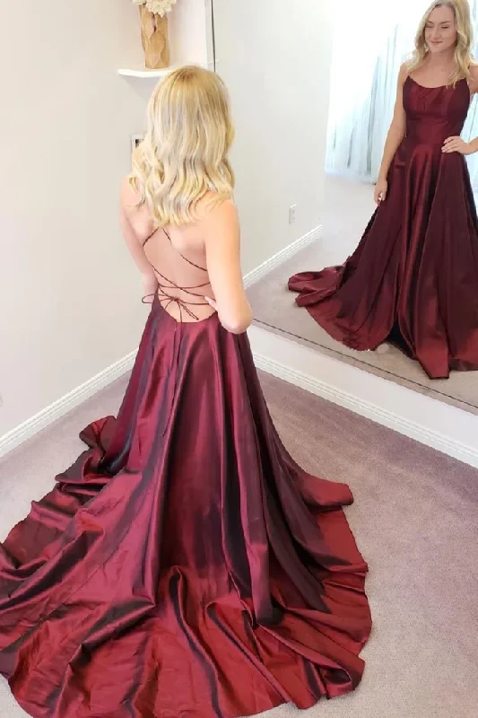 Flash Deals Simple A Line Backless Thin Strap Burgundy Satin Long Prom Dress, Backless Burgundy Formal Evening Dress Y224