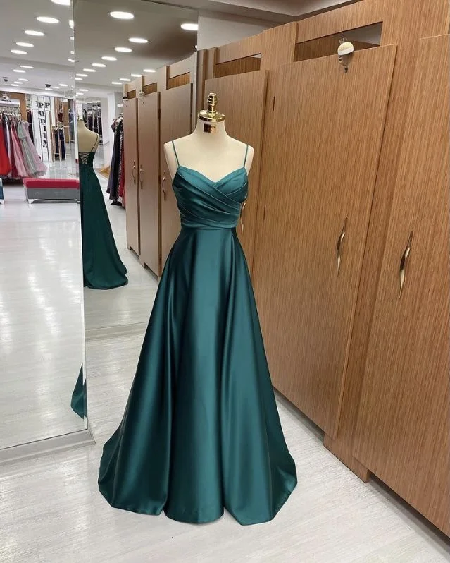 Wardrobe Essentials Women Satin Cheap Prom Dresses A Line Spaghetti Straps Long Girls Formal Evening Party Gowns Christmas Wears  Y4578