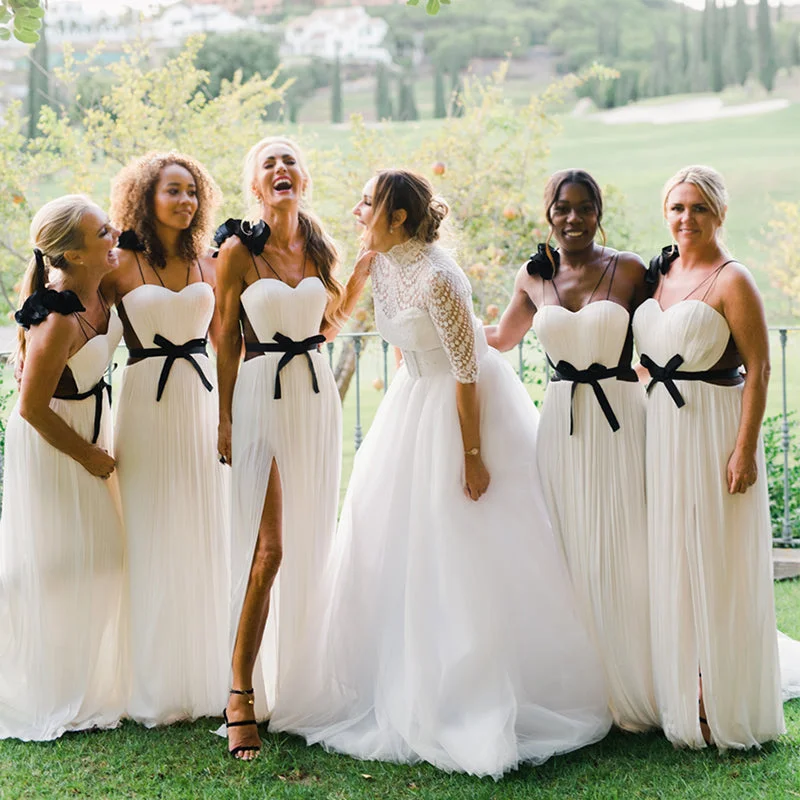 Limited Styles Unique Blue And Ivory Sweetheart Pleats Side-slit A-line Long Bridesmaid Dress, BD3247