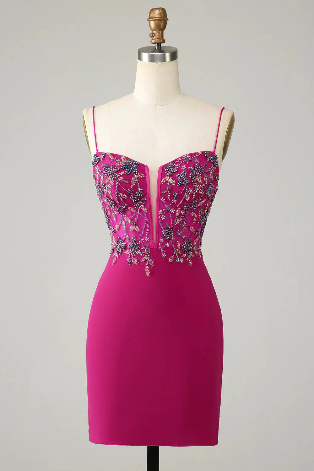 Feminine Soft - Hued Styles Amzcw Stylish Bodycon Spaghetti Straps Fuchsia Short Homecoming Dress with Beaded