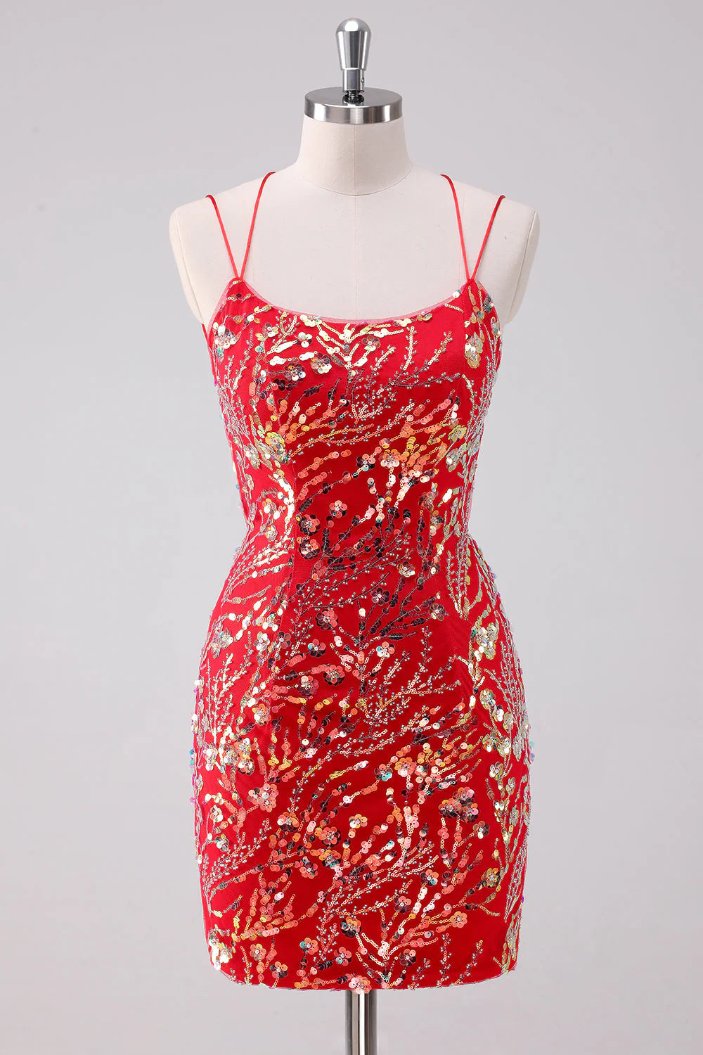 Elegant Style Amzcw Glitter Red Bodycon Spaghetti Straps Sequins Short Homecoming Dress