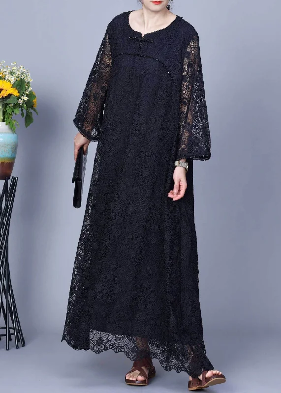 Limited - Stock Black Hollow Out Patchwork Lace Long Dresses O-Neck Long Sleeve