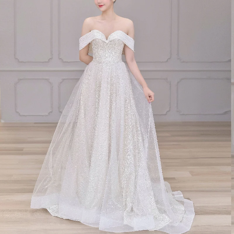 Limited Time Deal Off Shoulder A-line Wedding Dresses with Detachable Tulle Skirt