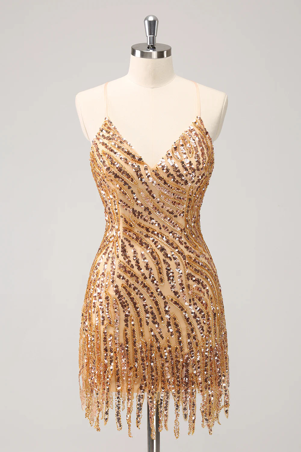 Rustic Countryside Charm Look Amzcw Sparkly Unique Gold Bodycon Spaghetti Straps Sequin Homecoming Dress with Tassel