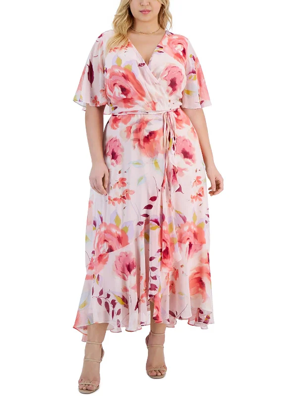 Huge Savings On Parisian Styles Plus Womens Faux Wrap Floral Print Evening Dress