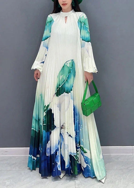 Big Savings On Minimalist Office Styles Elegant Green Turtleneck Print Tie Waist Long Dresses Long Sleeve