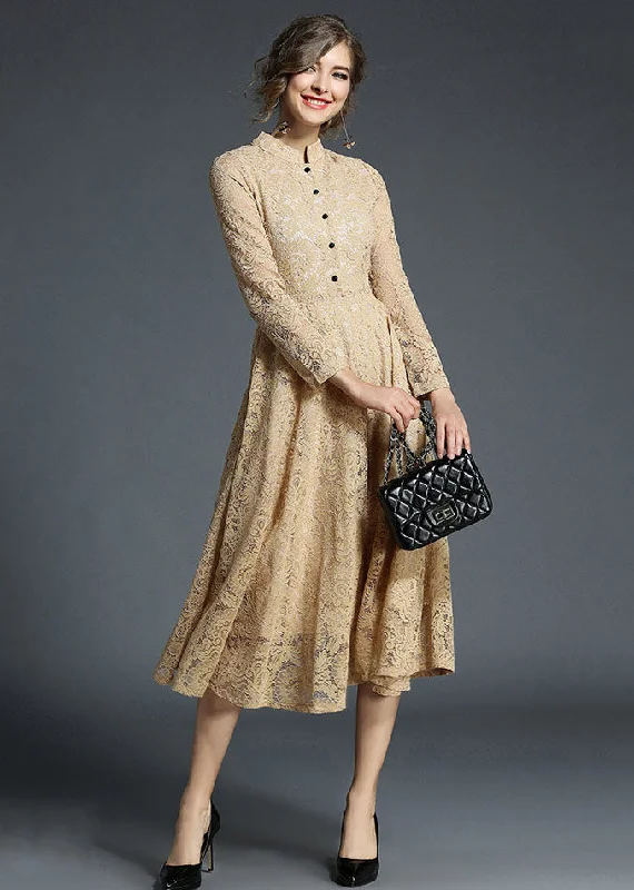 Limited - Stock Fashion Khaki Stand Collar Hollow Out Embroideried Lace Dresses Long Sleeve