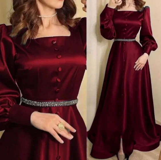 Hollywood Glam Award - Show Style Modest A-line Long Sleeves Satin Prom Dress,Formal Dress Y6214