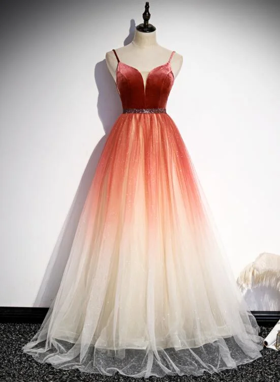 Fashion For Every Occasion long prom dress Beautiful Red Velvet And Gradient Tulle Beaded Party Dress, Straps Long Formal Gown   cg20252