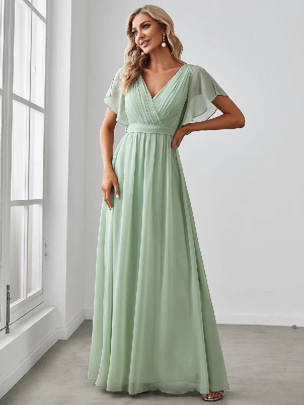 Trendy Styles Custom Size A Line Wholesale Bridesmaid Dresses with Deep V Neck Ruffles Sleeves