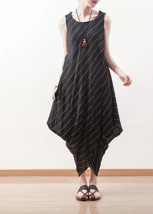 Nordic Minimalist Home Look Elegant black sleeveless linen Robes asymmetric Maxi summer Dresses