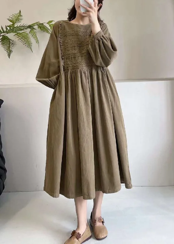 Wardrobe Essentials Khaki Pockets Wrinkled Corduroy Long Dress O Neck Long Sleeve