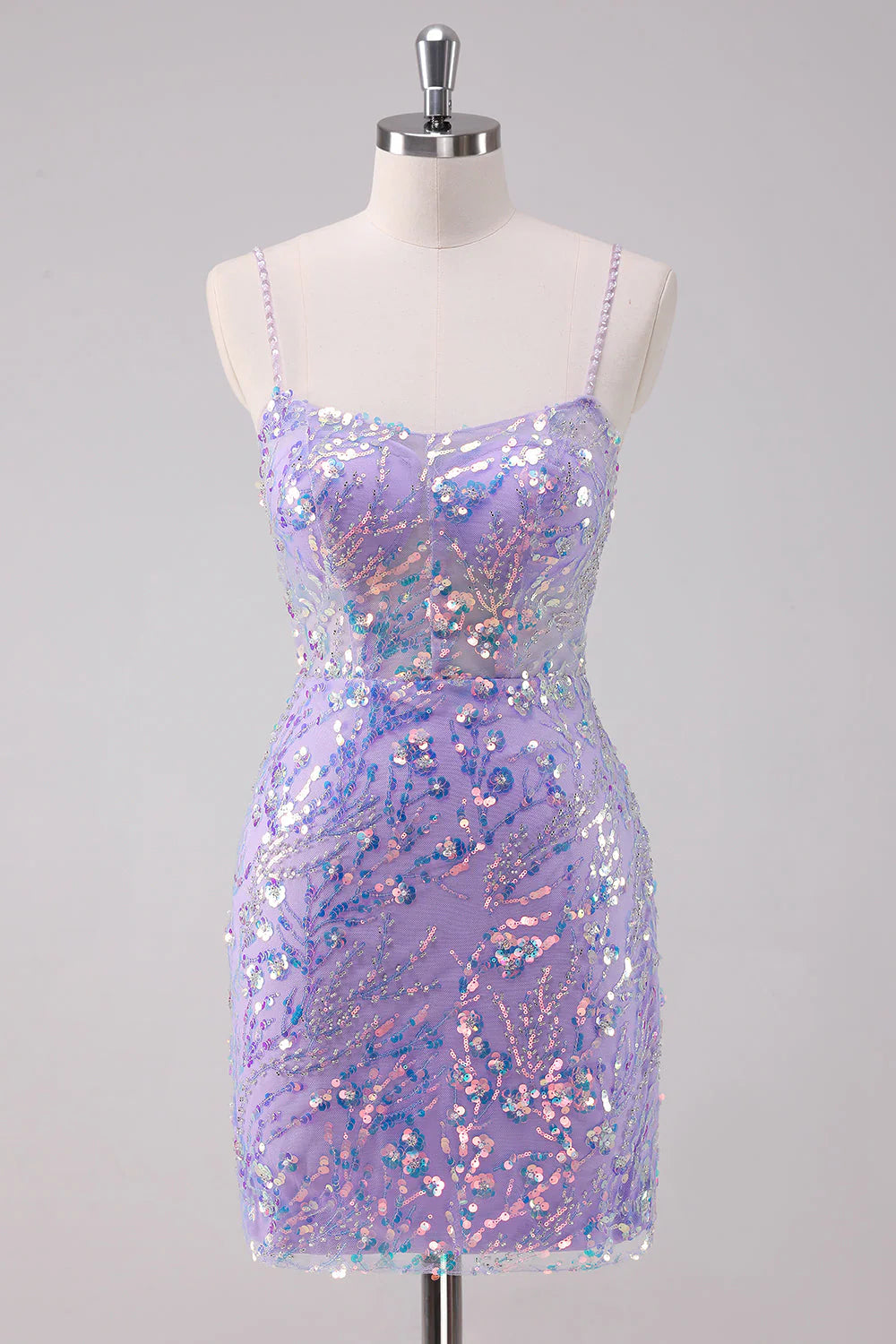 Fashion-Forward Amzcw Sparkly Purple Bodycon Spaghetti Straps Short Homecoming Dress with Sequins