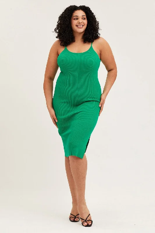 Summer Essentials Green Midi Knit Bodycon Dress Scoop Neck Sleeveless