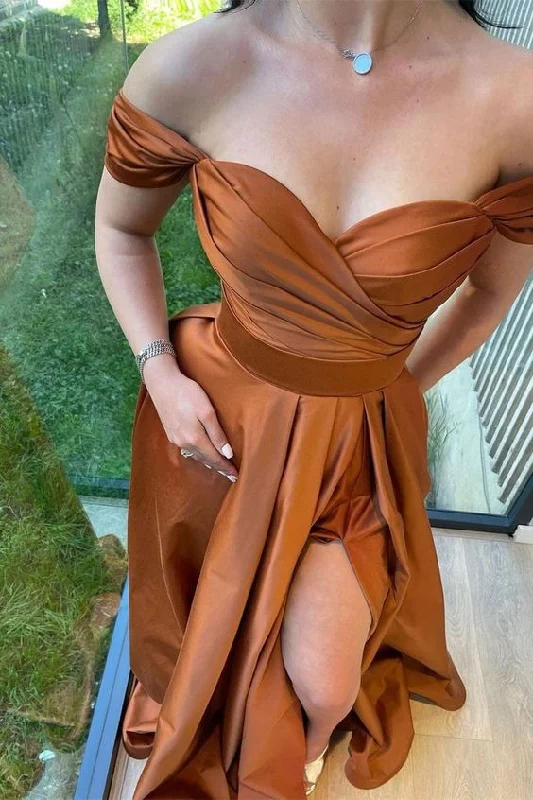 Winter Warm - Up Sale Burnt Orange Satin A-line Side Slit Long Evening Prom Dresses, Off Shoulder Prom Dress Y6746