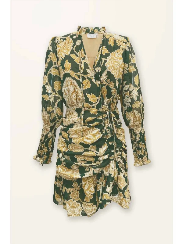 Limited - Time Bundle Floral Runched Mini Dress In Pine/gold Floral