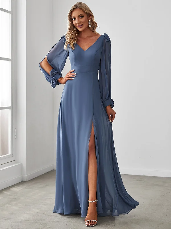 Parisian Effortless Chic Style A Line V Neck Wholesale Bridesmaid Dresses With High Split