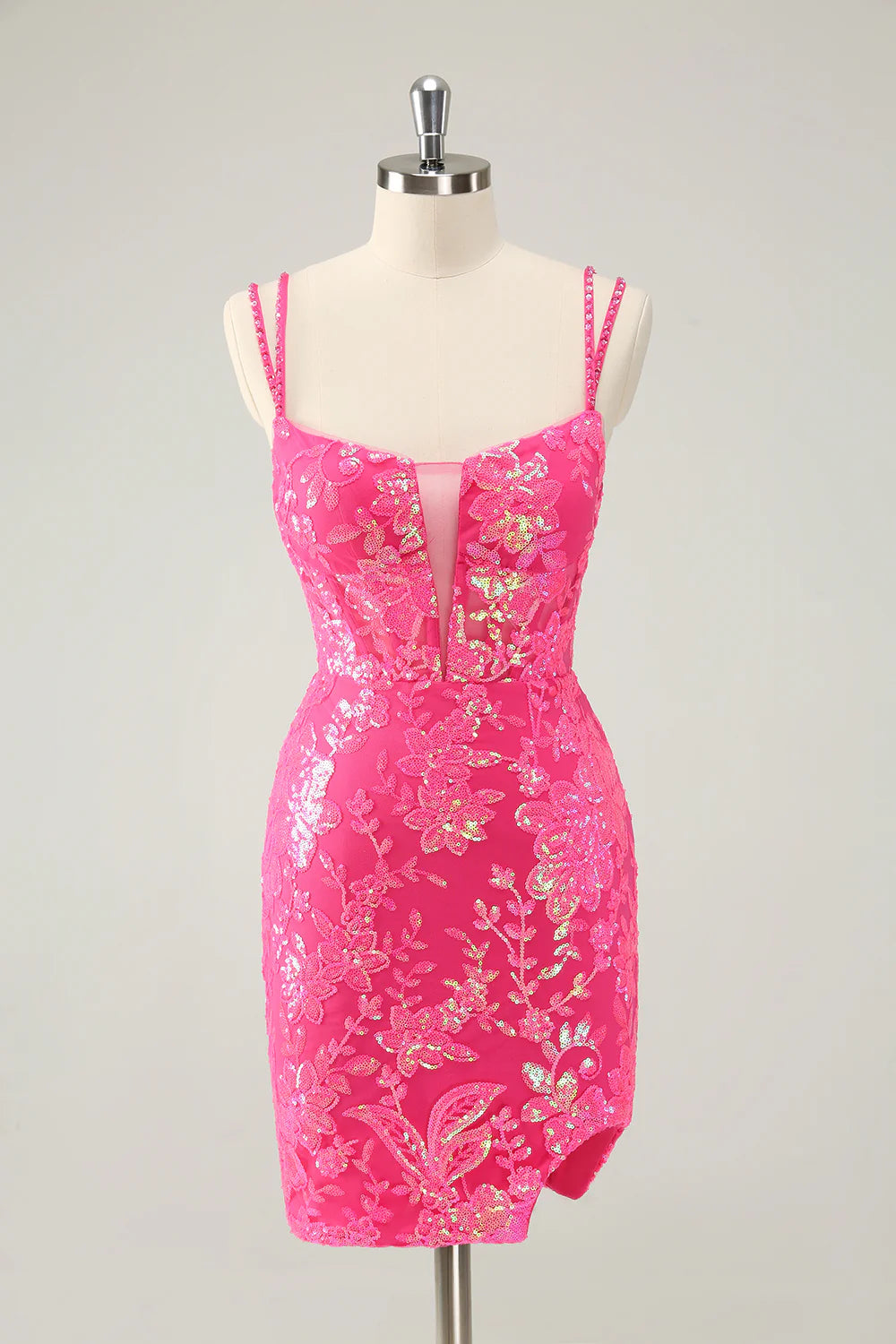 Boho - Chic Festival - Ready Style Amzcw Gorgeous Hot Pink Bodycon Spaghetti Straps Glittler Homecoming Dress with Lace Up Back