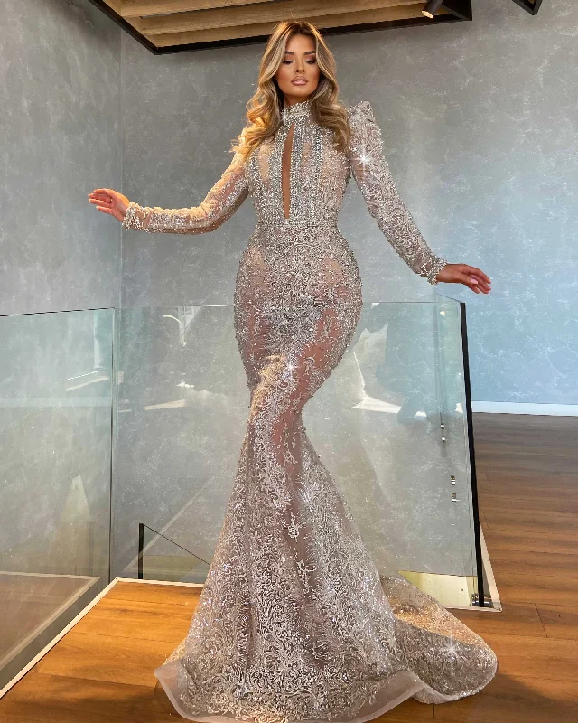 Summer Essentials High Neck Mermaid Silver Gown