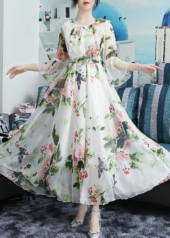 Limited Quantities Chic White O-Neck Bow Print Ruffled Chiffon Long Beach Dresses Long Sleeve