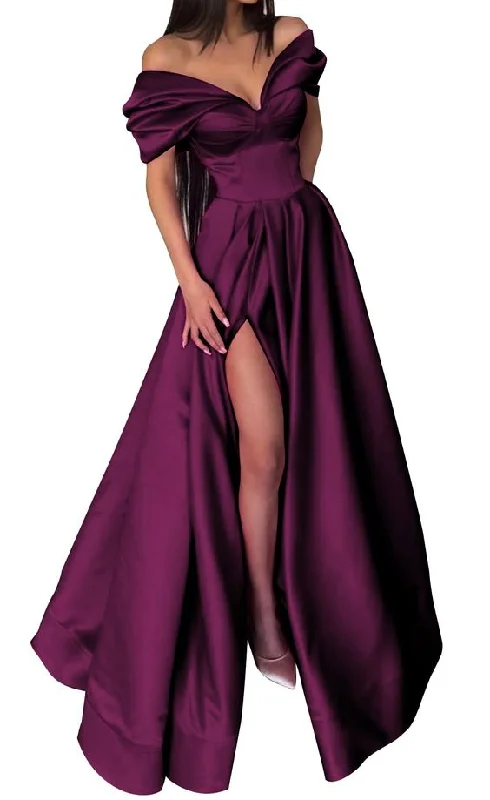 Fashion Sale Satin Prom Dresses for Women Long Off The Shoulder Slit Formal Dress Y6623