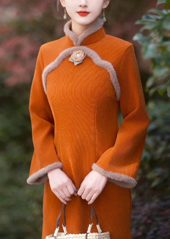 Fashion-Forward Chinese Style Orange Stand Collar Patchwork Warm Fleece Dresses Long Sleeve