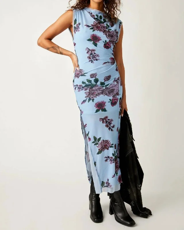 Boho - Chic Festival - Ready Style Carmel Floral Mesh Dress In Blue Combo