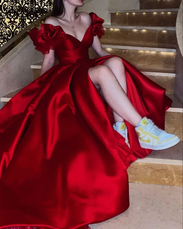 Exclusive Sale Red Satin A-Line Long Prom Dress with Puff Sleeves Y4863