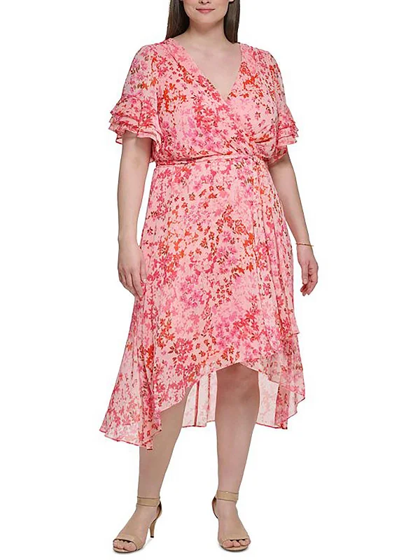 Spring Fashion Plus Womens Floral Ruffled Sleeve Midi Dress