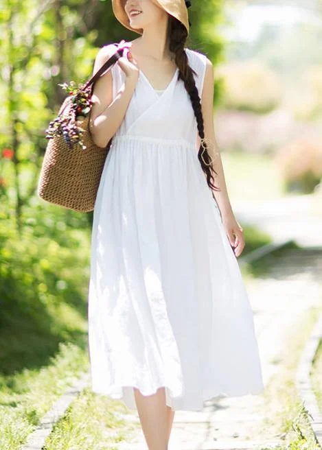 Budget-Friendly Fashion Chic V Neck Sleeveless Summer Clothes Design White Traveling Dress