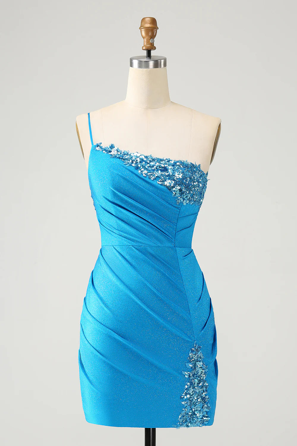 Y2K Nostalgic Fashion Look Amzcw Sparkly Blue Bodycon One Shoulder Pleated Short Homecoming Dress with Sequins