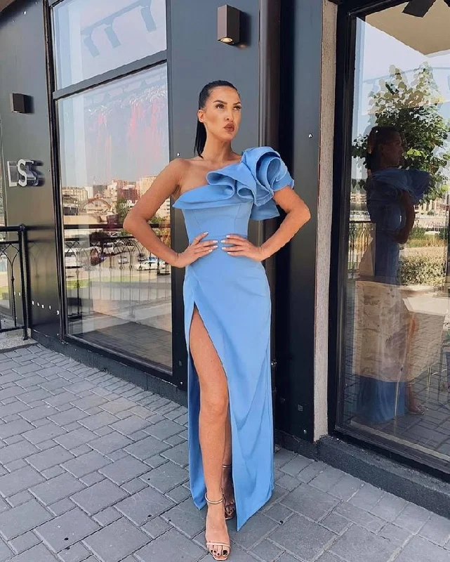 Celebrate With Big Savings Sheath One Shoulder Blue Satin Ruffled Shoulder Slit Evening Dresses Y1068