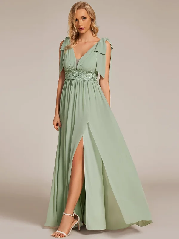 Holiday Sale Elegant Bowknot Sleeveless Side Split Floor Length Chiffon Bridesmaid Dresses