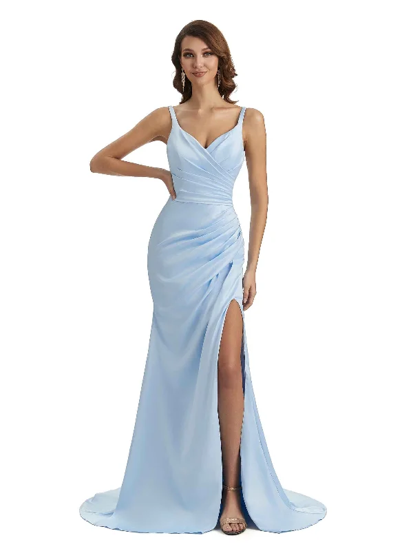 Limited Quantities Sexy Side Slit Mermaid Silky Satin Chic Long Maxi Unique Wedding Guest Dresses