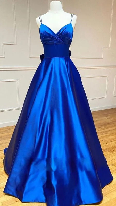 Beat The Heat In Tropical Styles A-line Satin V Neck Royal Blue Prom Dresses Evening Dresses Y1163