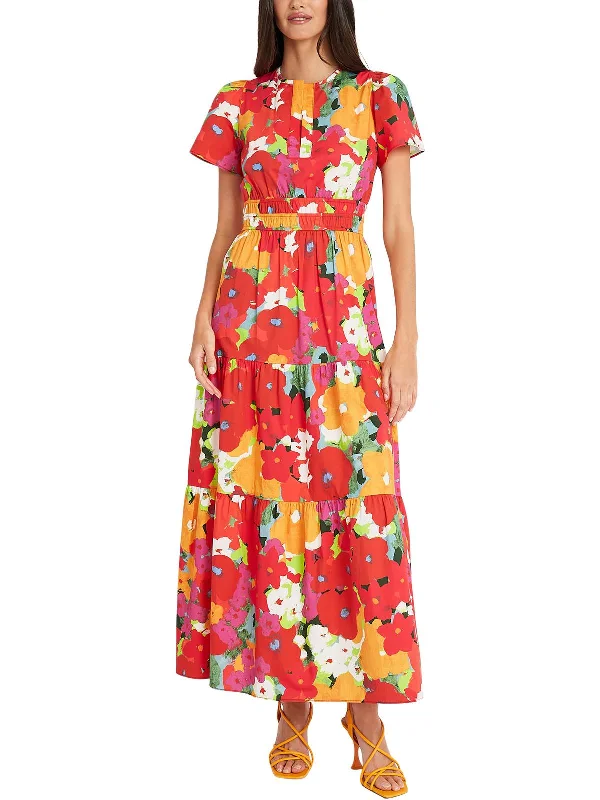 Parisian Effortless Chic Style Womens Floral Print Cotton Midi Dress