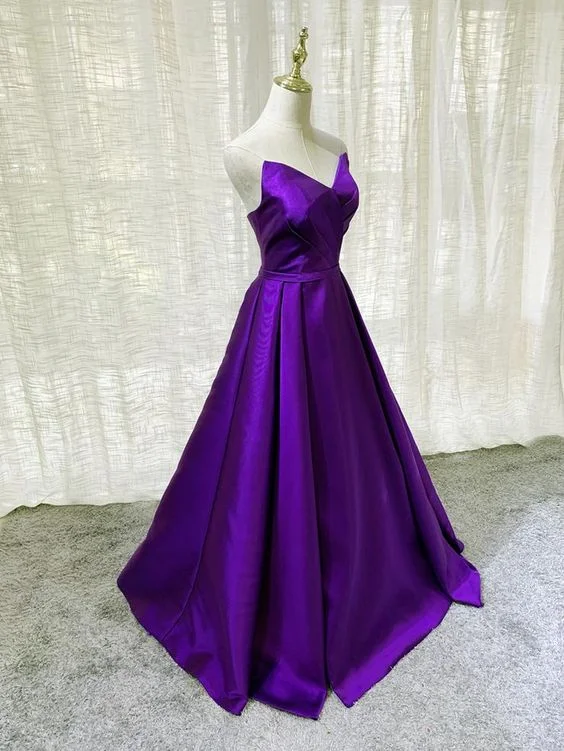 Spring Wardrobe Purple Satin A-line Simple Floor Length Evening Dress Formal Dress Y869