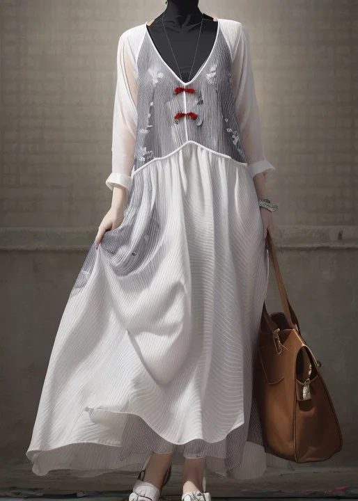 Limited-Time Offer Elegant White V Neck Patchwork Silk Dresses Long Sleeve