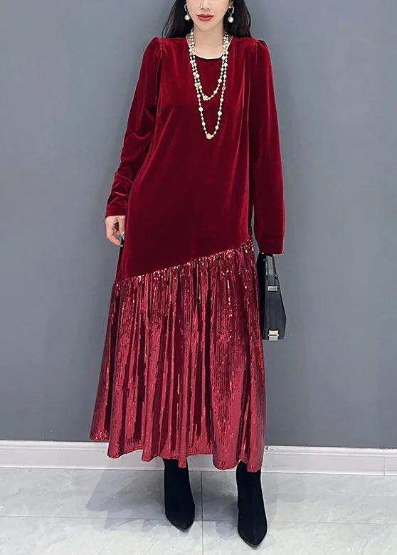 Fashion Sale New Red Solid Patchwork Silk Velvet Long Dress Long Sleeve