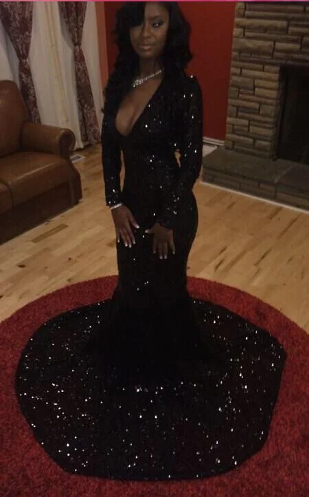 Trendy Styles Black Prom Dresses Long Sleeves Sequins Deep V Neck Court Train Sexy Evening Gowns  cg5580