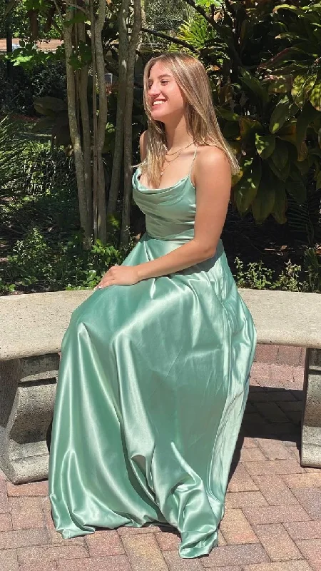 Best-Sellers Classic Sage Green A-line Satin Long Prom Dress,Winter Dance Dress Y4994