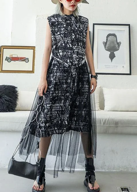 Rustic Countryside Charm Look Elegant black prints cotton Tunic sleeveless Maxi summer Dresses