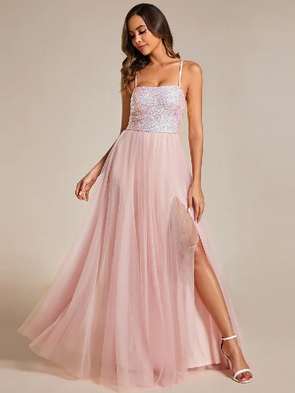 Seasonal Trends Sequin Tulle Spaghetti Strap High Split Wholesale Bridesmaid Dress